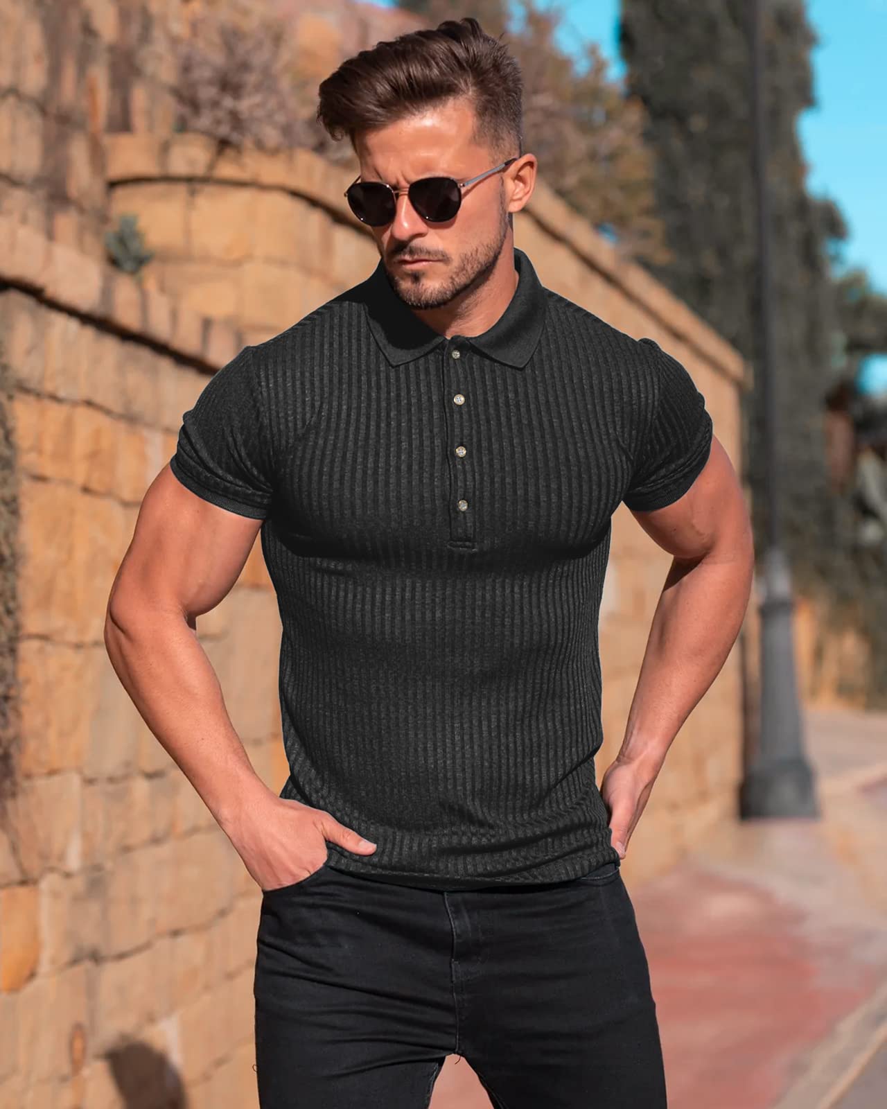onzcy Muscle Polo Shirts for Men Short Sleeve Slim Fit Golf Shirts for Men Casual Dry Fit T Shirts Ribbed Knit Bowling Shirts