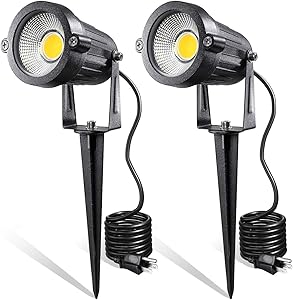 LED Landscape Lights,5W 120V AC Outdoor Pathway Garden Yard Spotlight,IP65 Waterproof Garden Flood Light,Outdoor Spotlight with Stake,UL Cord 5-ft with Plug (Pack of 2, Warm White)