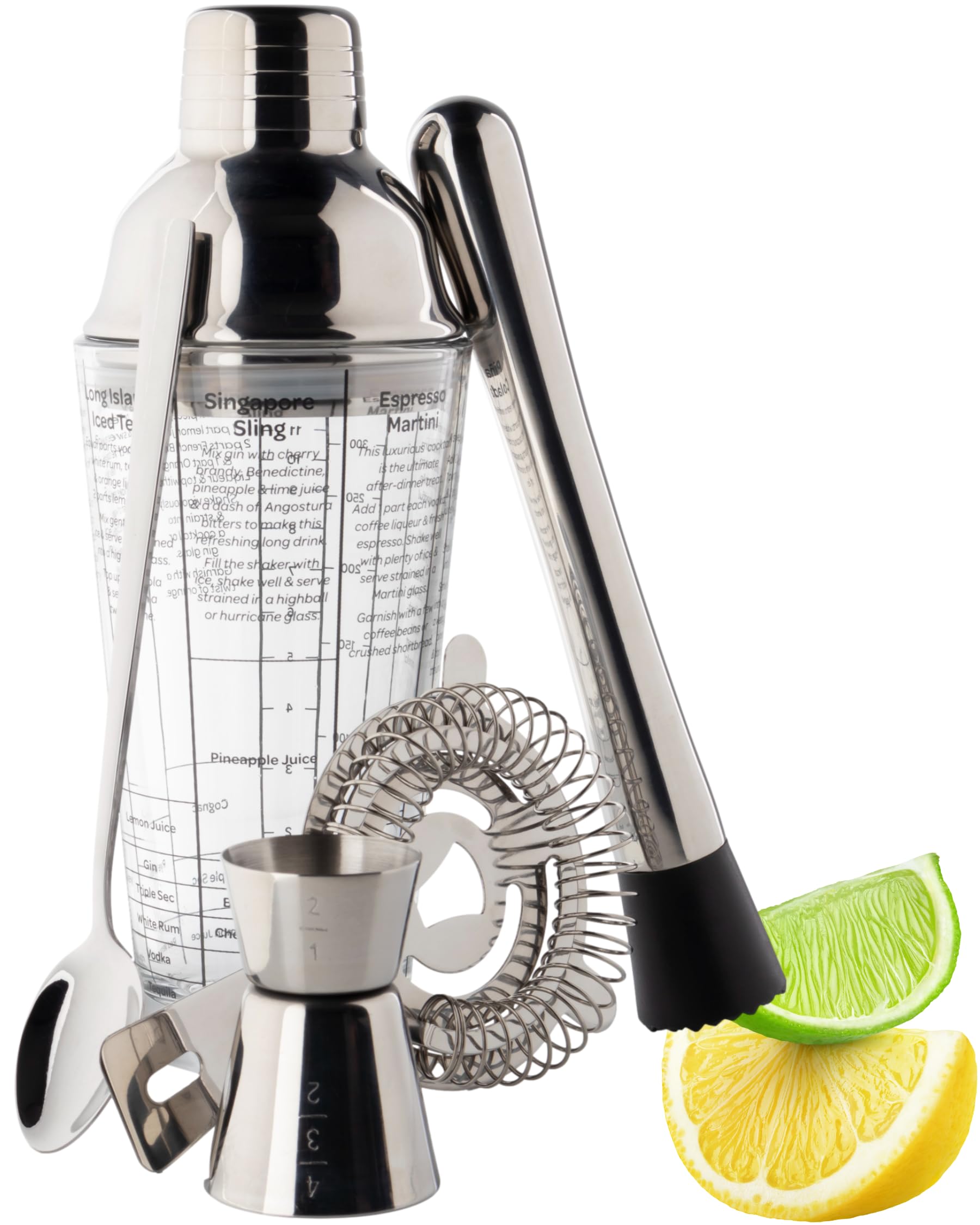 Taylor's Eye Witness Taproom 4pcs Silver Stainless-Steel & Glass Debossed Pattern Cocktail Mixing Glass Set - Includes 500ml (17.5fl oz) Mixer Glass, 25ml/40ml Double Jigger & Mixing Spoon.