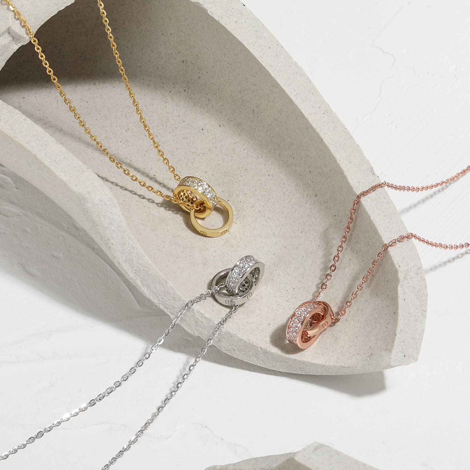 Pasurohu Women's Necklace, 18K Gold Coated, 925 Silver, Top Grade Cubic Zirconia Pendant, Double Ring, Rose Gold, Platinum, Adjuster, Hypoallergenic Metal, Genuine Jewelry, Gold Plated