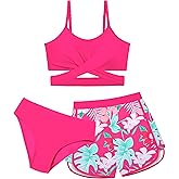 Dearnow Girls Swimsuit 3 Piece Bathing Suit Criss Cross Bikini Set Girls' Swimwear with Shorts 7-16T