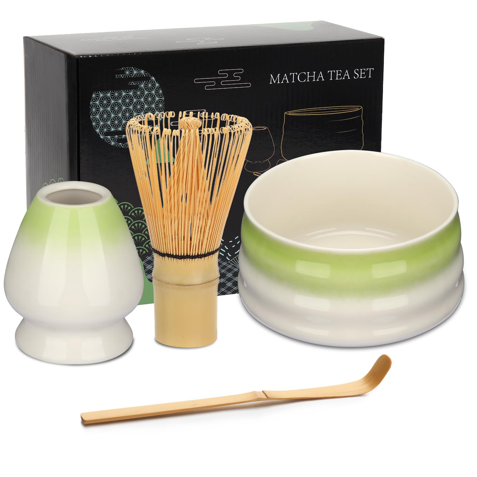 Geebuzz Matcha Whisk Set - Matcha Bowl and Bamboo Matcha Whisk, Scoop, Spoon, Sifter, Whisk Holder, 6pcs Perfect Matcha Starter Kit for Matcha Tea Ceremony (C Green/White)