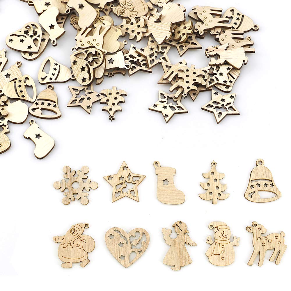 Skystuff 100Pcs Wooden Embellishments - Wooden Christmas Decorations & Crafts for Tag Decoupage, DIY Scrapbooking, Card Making & Tree Hanging Ornaments
