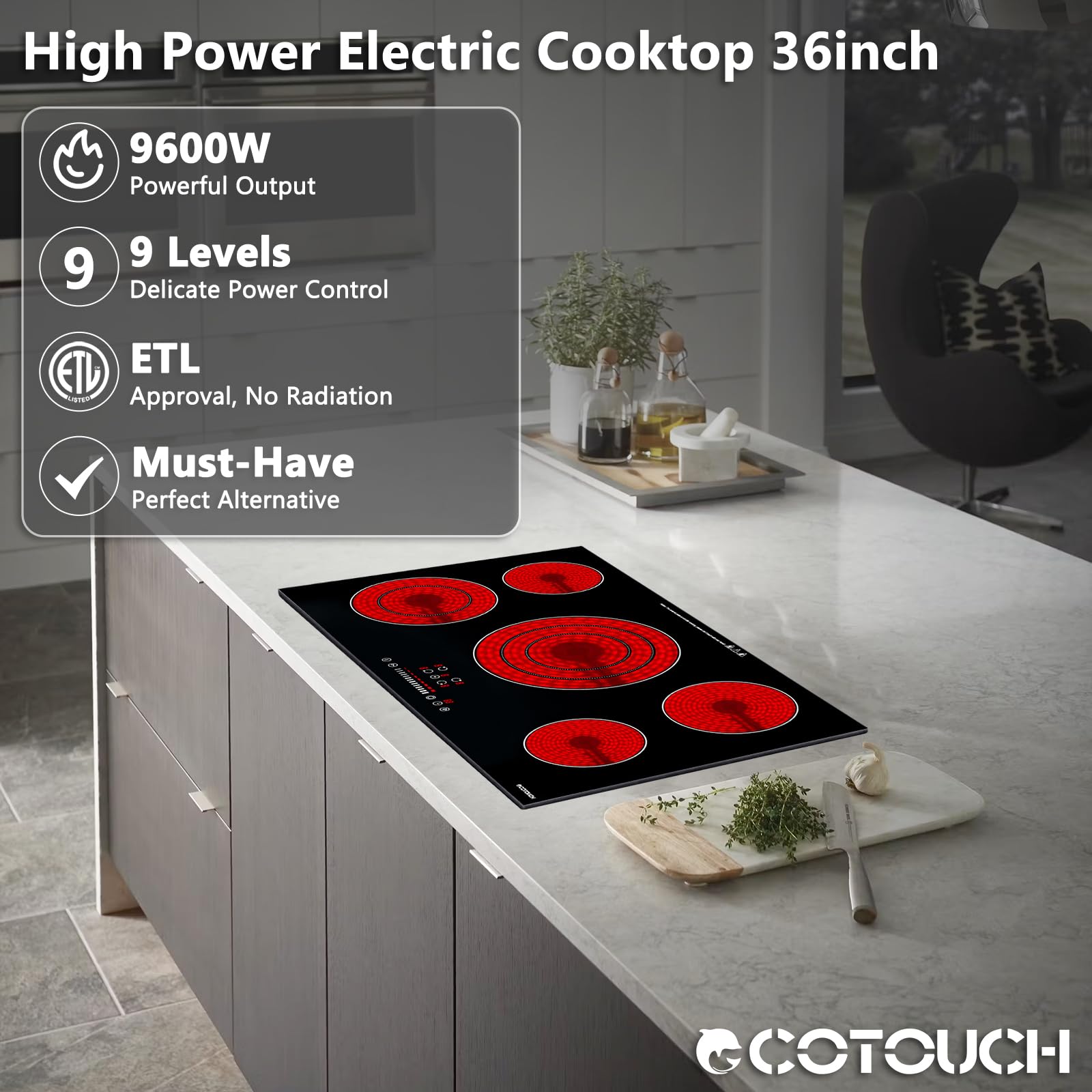 Electric Cooktop 36 Inch, ECOTOUCH Built-in Electric Cooktop 5 Burner Stove Top, 36