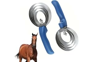 HLMOptimo 2 Packs Horse Curry Comb, Stainless Steel Grooming Comb with Soft Touch Grip, 4 Rings Spring Grooming Brushes for Horses, Cows, Dogs, Sheep (Blue)