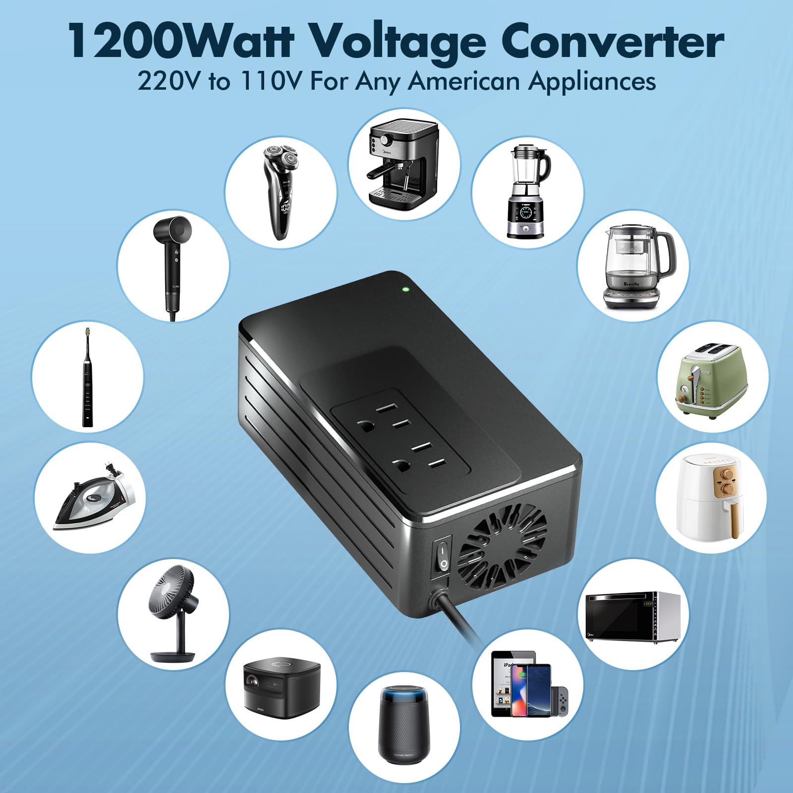 1200W Universal Travel Adapter Converter Step-Down 220V to 110V, 2 lbs Light Weight, Stable Pure Sine Wave, for Hair dryers, straighteners, Curling Irons, Coffee Makers (Black)