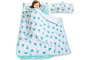 BILOBAN Toddler Nap Mat with Pillow and Blanket, Cot Nap Mats for Daycare Preschool, Lightweight Portable Travel Sleeping Bag for Kids, Warm & Skin-Friendly, Blue Whale, 50" x 21"