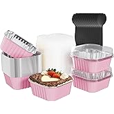 Ksmxos 25 Pack Square Mini Cake Pans with Lids,Mini Loaf Pans with Lids,Aluminum Foil Baking Cups,Disposable Ramekins Cupcake Cups,Dessert Cups for Wedding Birthday Party Picnics,5oz (Pink)