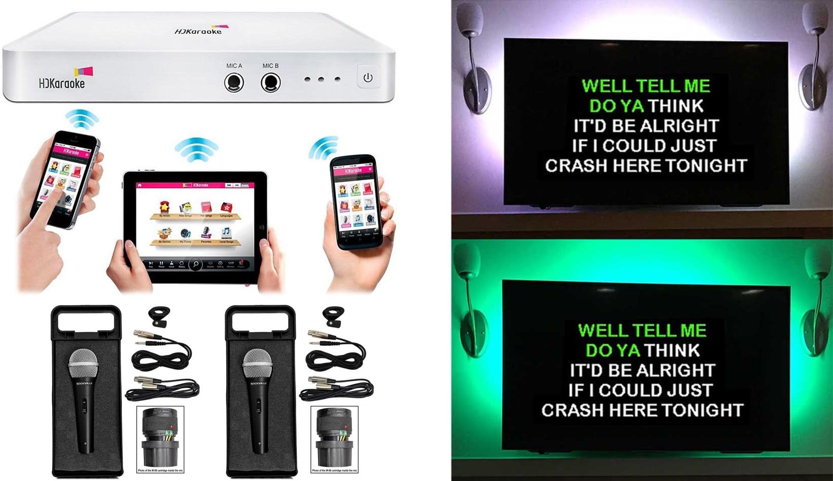 HDKaraoke HDK Box 2.0 Wi-Fi Karaoke Machine System Bundle with NYC Acoustics USB RGB LED Light Strip to Backlight Your TV / Monitor + Remote & (2) Rockville RMC-XLR Wired Microphone (3 Items)