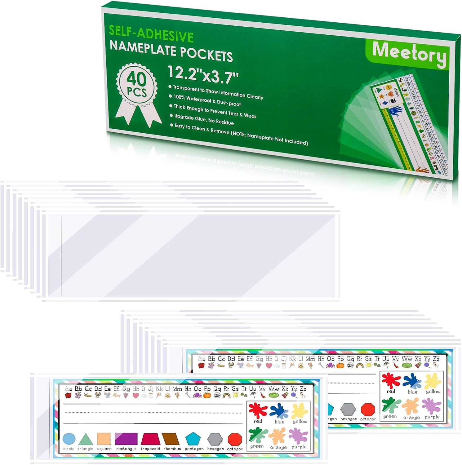 Photo 1 of Meetory 40 PCS Nameplate Pocket, Self Adhesive Desk Nameplates Name Tag Pocket, No Residue Clear Plastic View Name Tag Sleeves for Classroom Desk, Office Supplies (12.2" x 3.7")