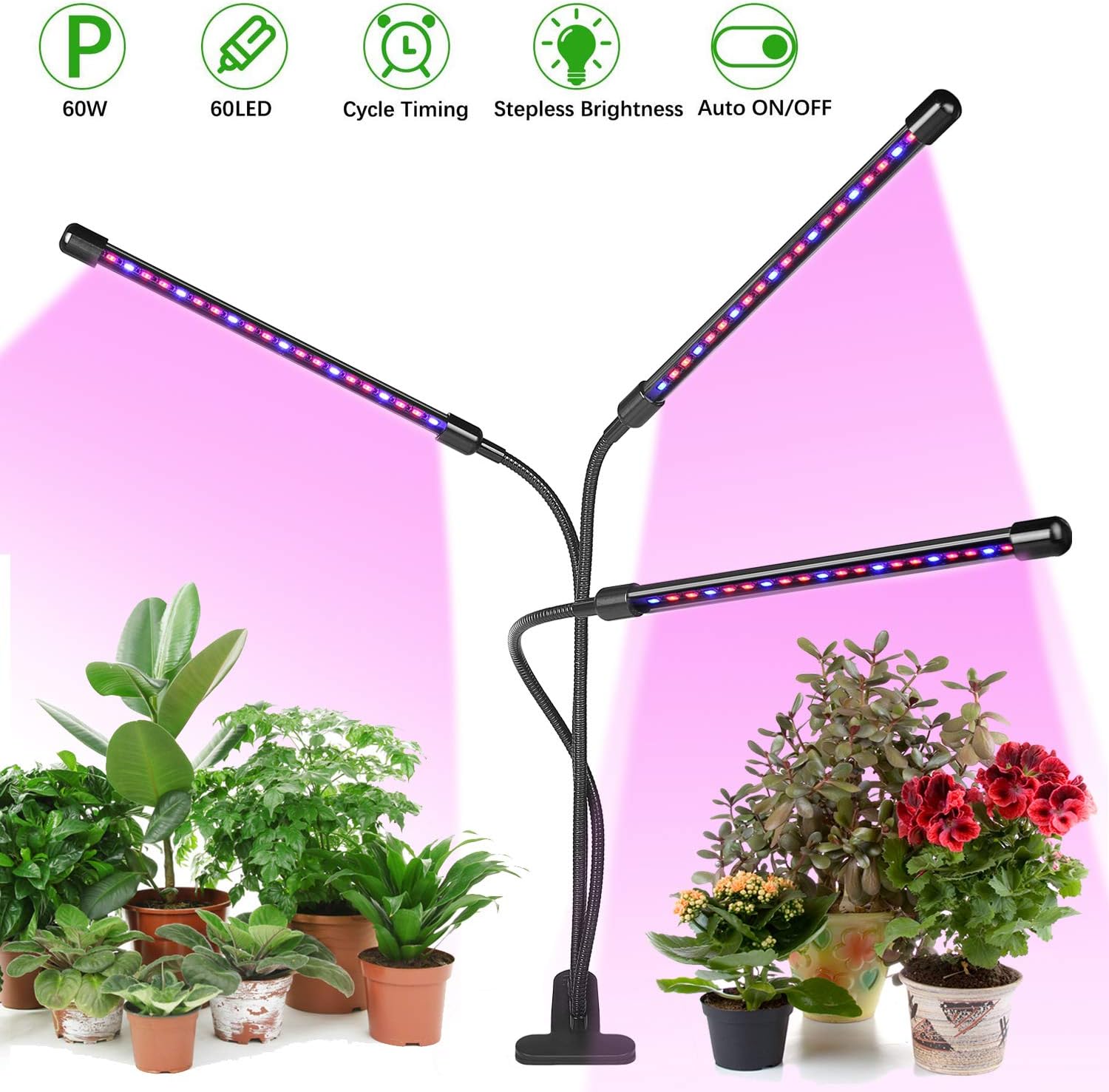 BONLOE LED Grow Light for Indoor Plants, Upgraded Version 60W Tri Head Desk Clip Plant Light with 3/9/12H Cycle Timing, 8 Dimmable Levels and 3 Switch Modes for Indoor Greenhouse Growing Lamps