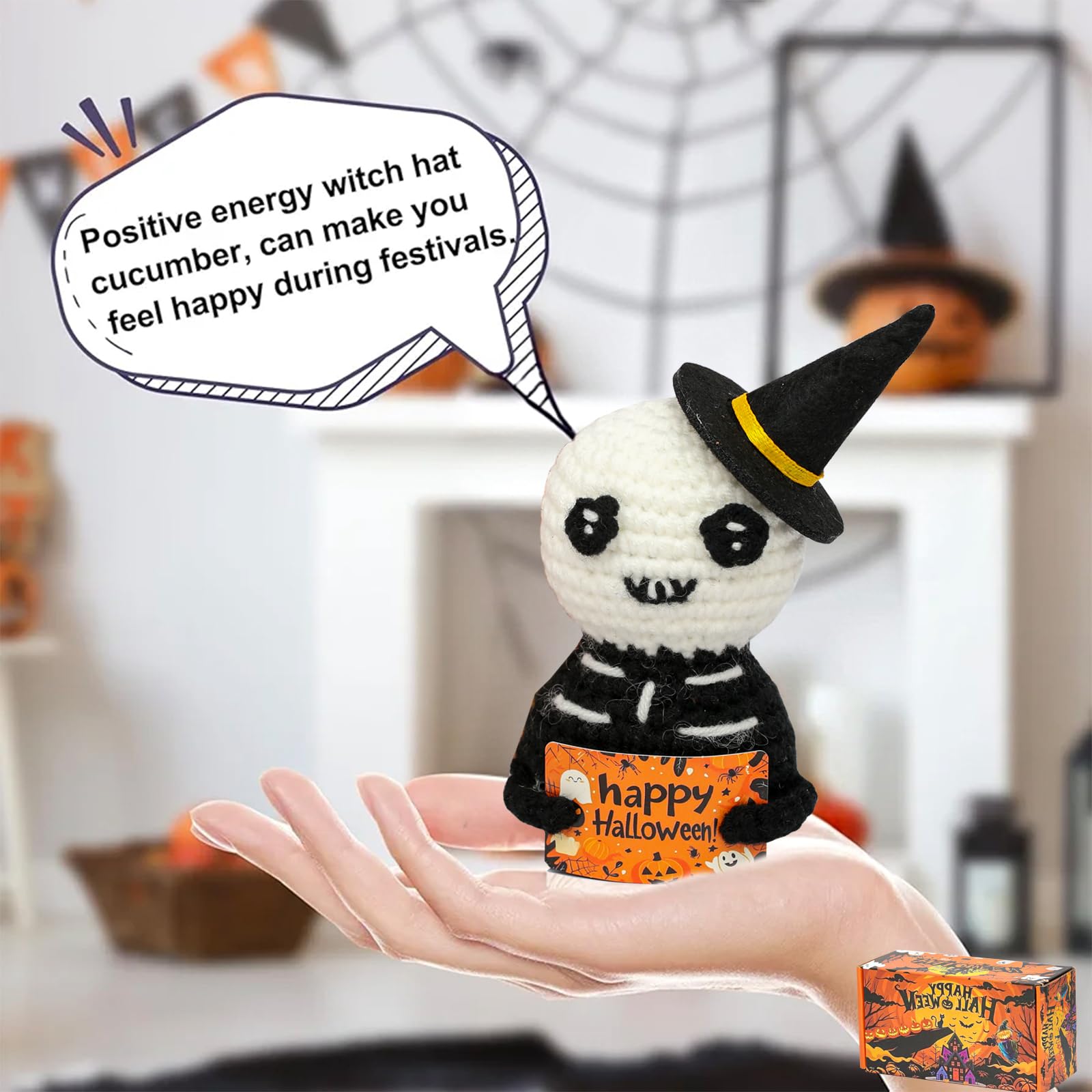 Ranvaira Unique Gifts for Halloween - Mini Funny Emotional Support Pickle with Magic Hat - Cute Knitted Plush Doll Halloween Decoration for Women, Adult