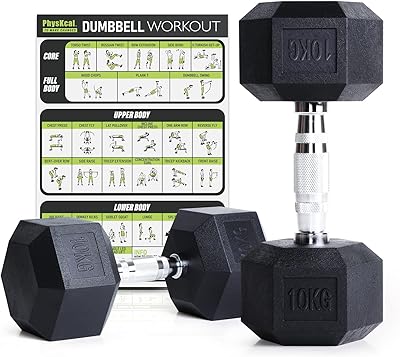 PhysKcal Hexagon Hanteln Poly-Gummierte | 2,5-30 kg | Rutschsicher Ummantelt | Ergonomische Verchromte Griffe | Kurzhantel-Set | Dumbbells Set
