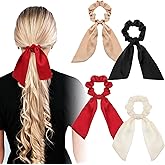 Mabor 4 Pcs Bow Hair Scrunchie Hair Scarf Knotted with Tail Scrunchies Elastic Hair Ties Scarf Ponytail Holder for Women and Girls