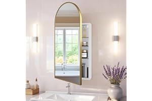 FKWin Arched Gold Bathroom Medicine Cabinet with Mirror, Left or Right Opening, Bathroom Mirror with Storage, Surface Mount Medicine Cabinet not Recessed, Gold, 16x32 inch