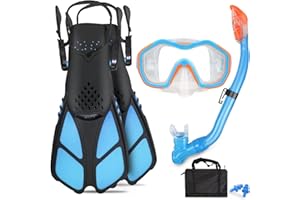 AosDero Kids Snorkeling Set with Flippers+Panoramic Snorkel Mask+Dry Top Snorkel+Earplugs+Gear Bag,Snorkeling Gear for Kids,Youth,Boys and Girls Age 5-12