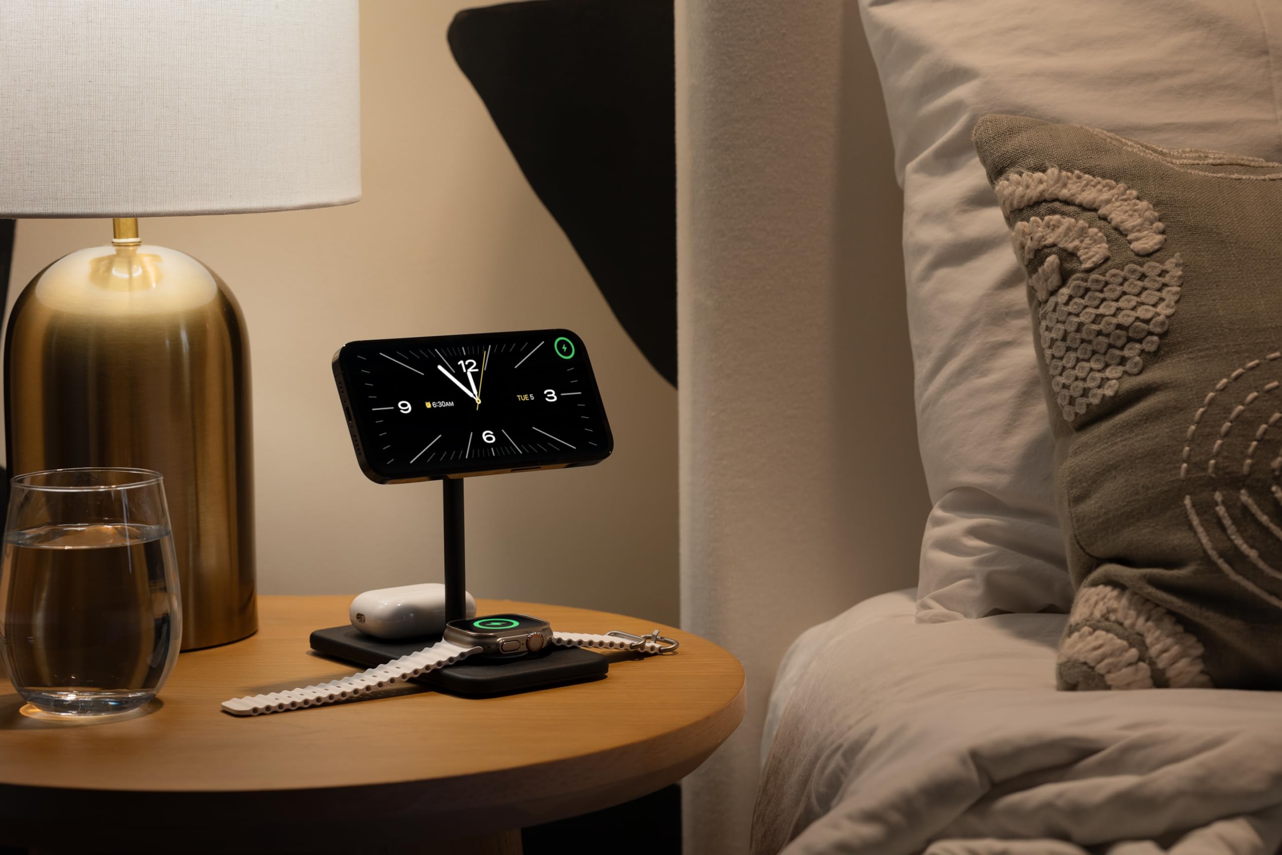 Twelve South HiRise 3 Deluxe, Compact Luxury Wireless Magsafe Charging Stand for iPhone, AirPods and Apple Watch - Includes US Power Supply with 5 Foot Cord, Plus International Plug Adapters, Black