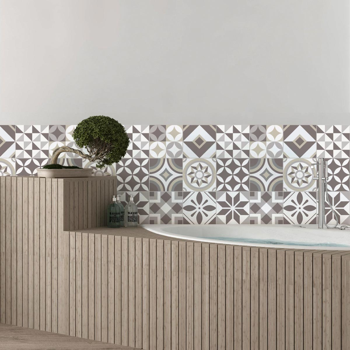 Ambiance Sticker Self-Adhesive Decorative Wall Decal Cement Tile for Bathroom and Kitchen Géométriques - Pack of 9 Stickers of 20 x 20 cm