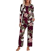 Anyhold Women's Fall 2 Piece Pajama Sets Long Sleeve Ladies Pjs Lounge Sleepwear with Pockets