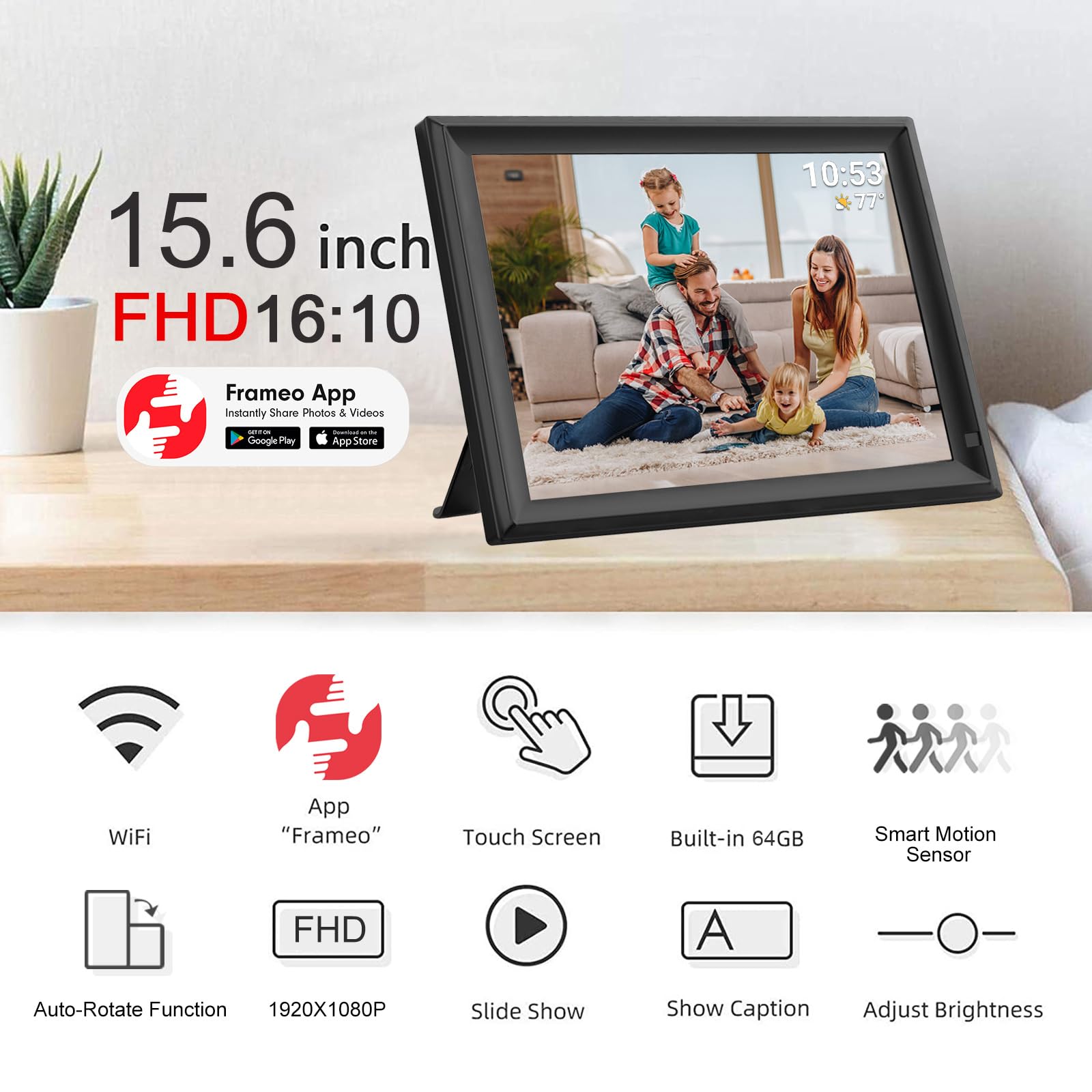 15.6inch FRAMEO Digital Photo Frame with 1920x1080 FHD IPS LCD Touch Screen, Dual-WiFi Share Photos & Videos Via Frameo, Support USB Drive/SD Card Extend Storage, Auto-Rotate, Wall Mountable With VESA