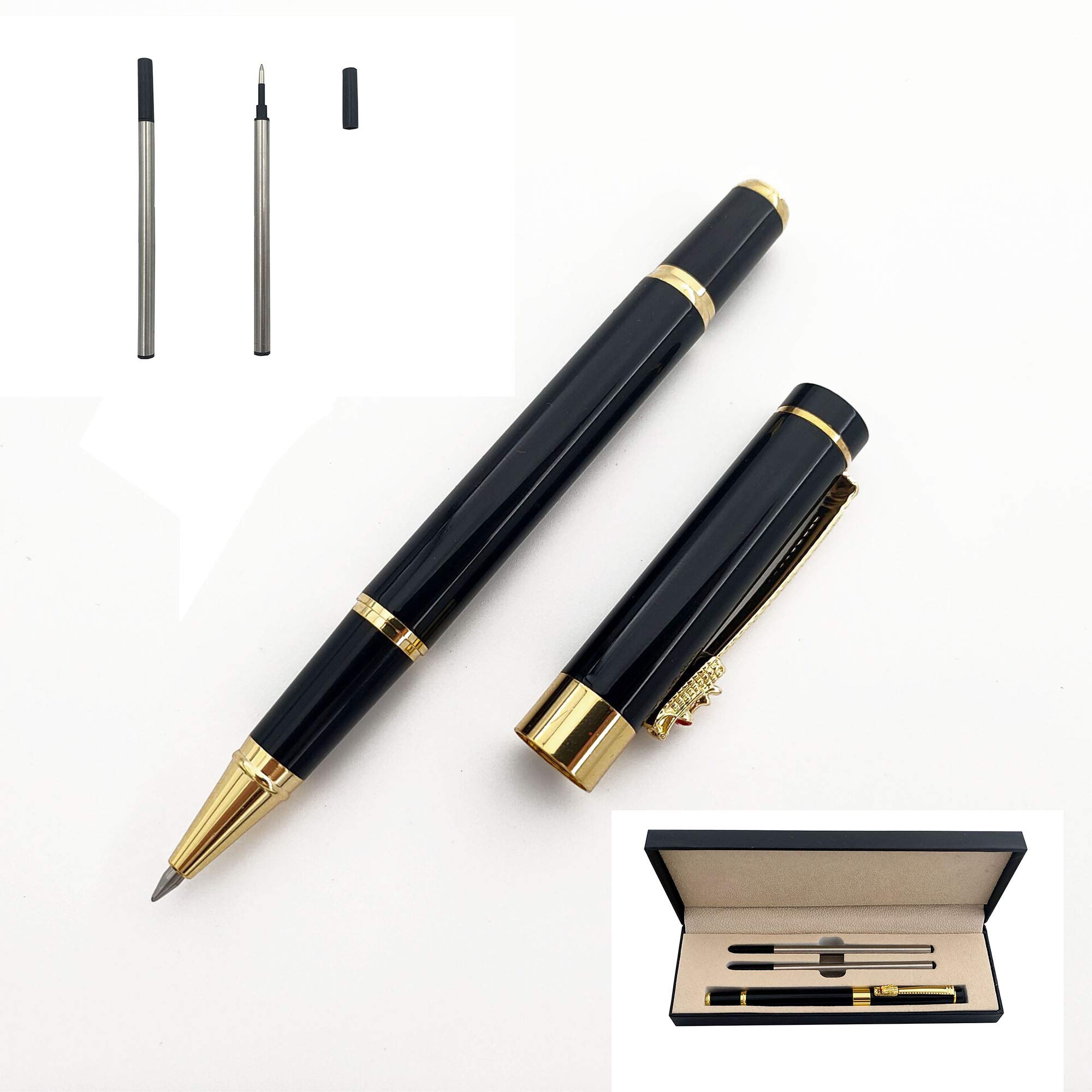 Accod Fine Nib Rollerball Pen High-end Business Signature Pen Metal Pen Clip Black Ink with Two 0.5mm Replacement Refills Gift Premium Gift Box (Black)
