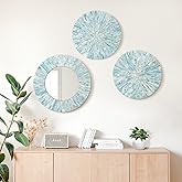 TEIPAI Beach Mirror Wall Decor for Living Room, 3PCS Natural Mother of Pearl Coastal Wall Art Bedroom Bathroom Decoration, Handmade Ocean Round Wall Hanging Sculptures for Home Office Holiday Hotel