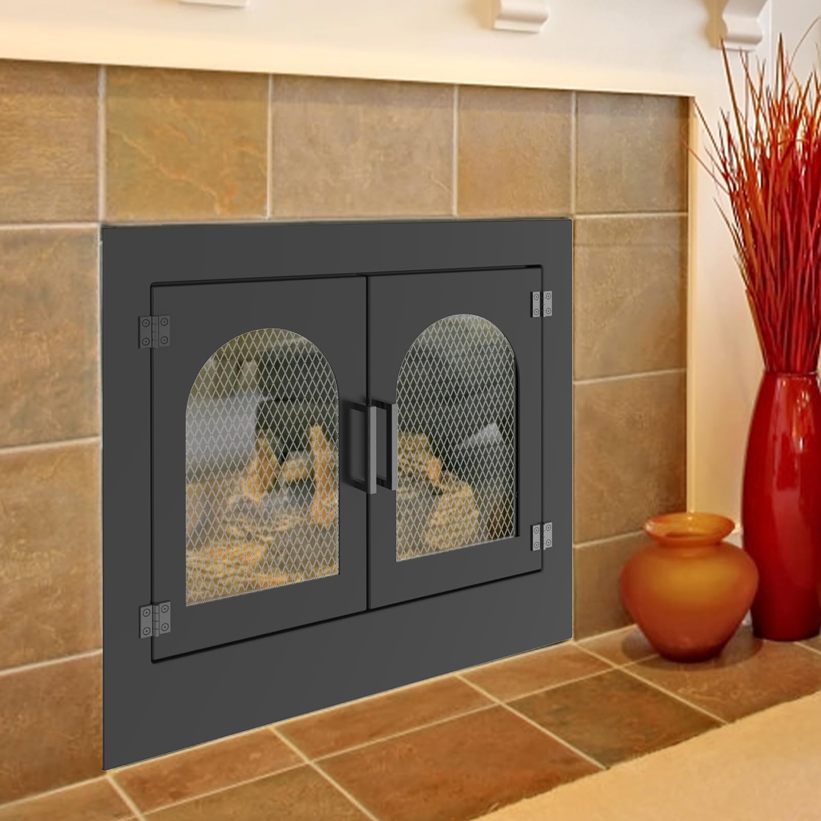 Tongmo Fireplace Screen with Doors, Solid Metal Fireplace Doors with