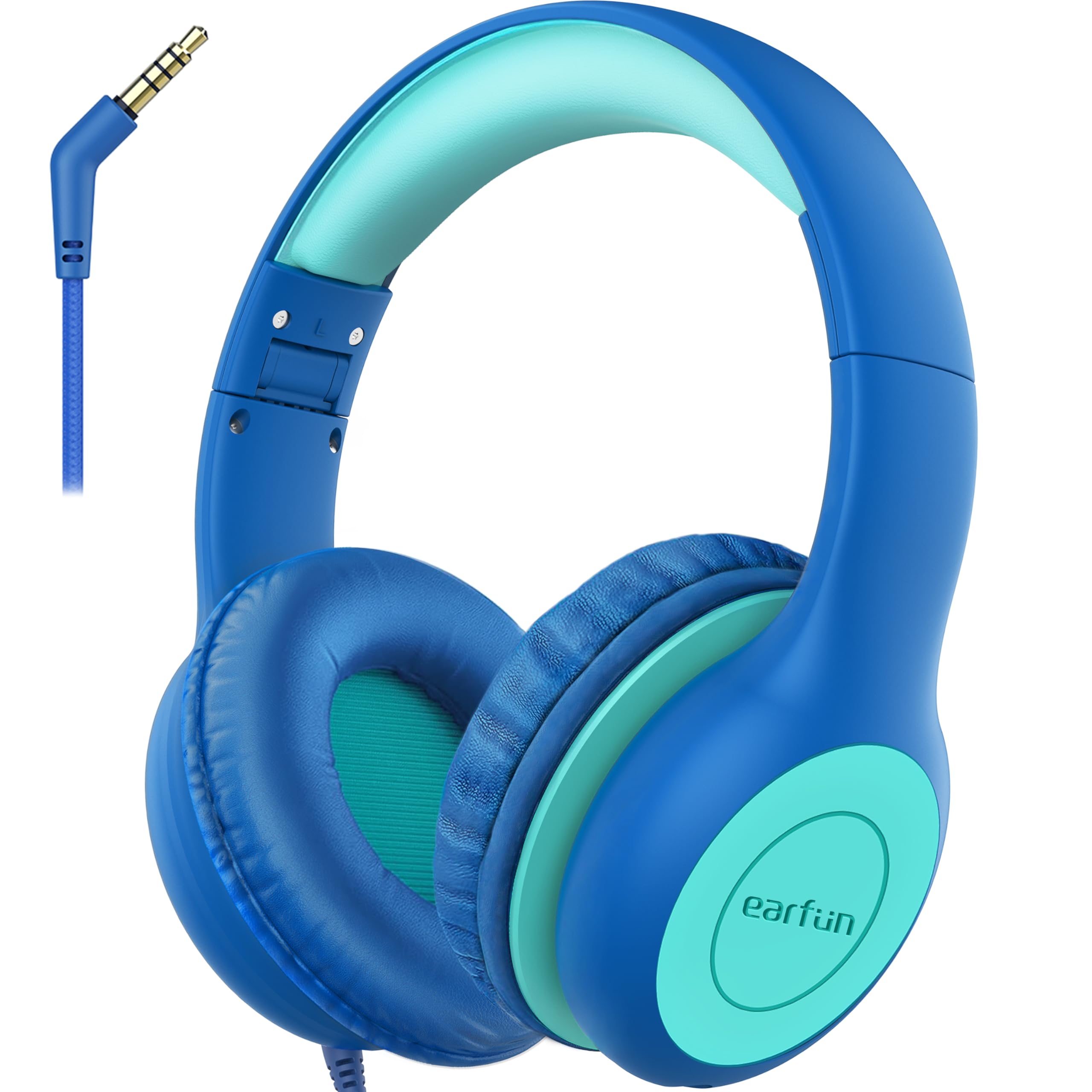 EarFun Kids Headphones Wired, Foldable Headphones for kids, 85dB Volume Limiter, Sharing Function, Stereo Sound, Adjustable Headband, Wired Children Headphone for School/Travel/Phone, Blue Green