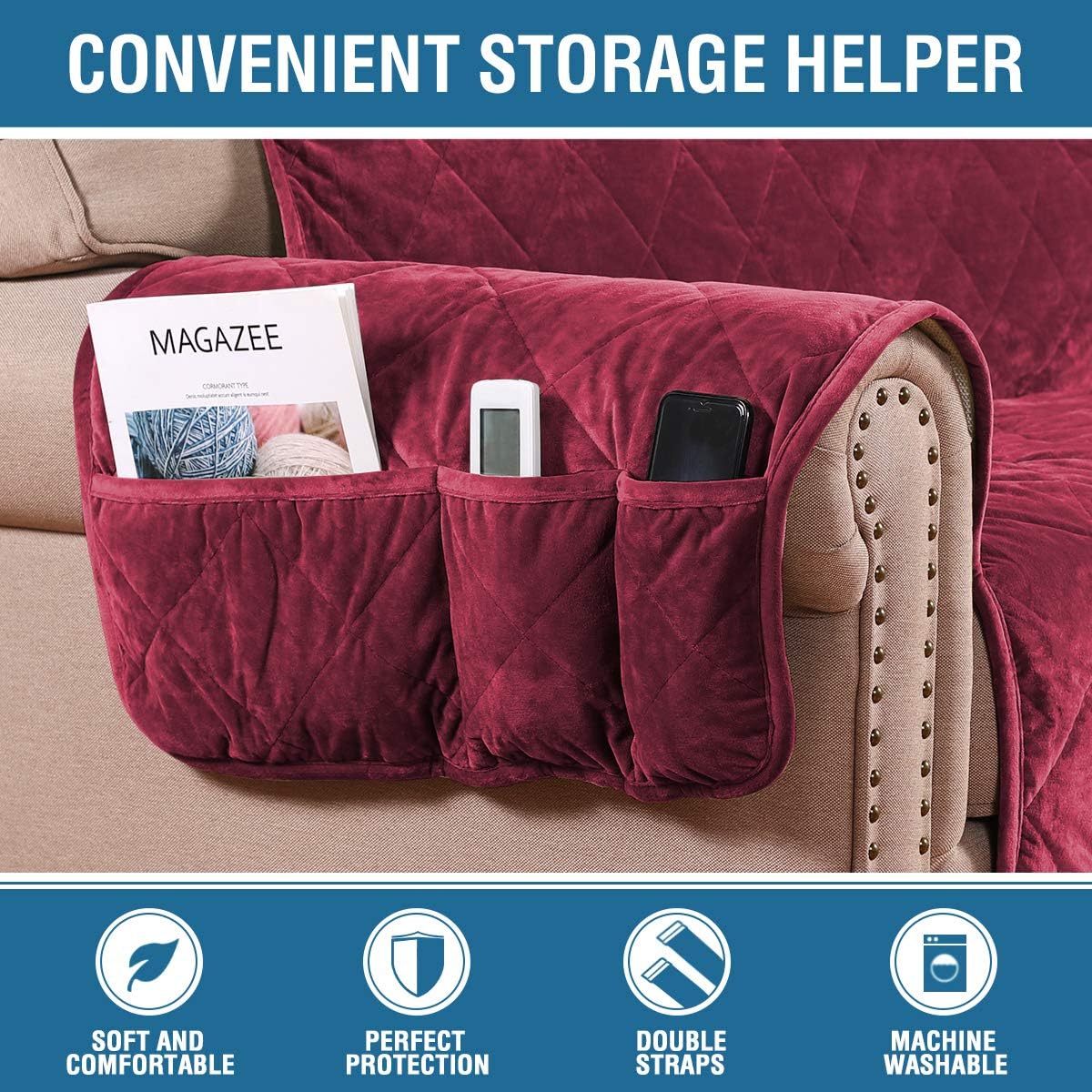 H.VERSAILTEX Thick Velvet Armchair Cover Couch Covers 1 Cushion Armchair Slipcover for Living Room Protector from Pets Dogs, Two Non-Slip Elastic Straps on Back and Base (Armchair 23", Burgundy): Kitchen & Dining