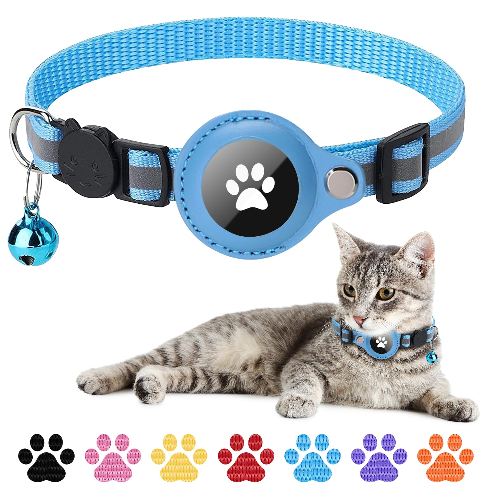 Boloshine Reflective Airtag Cat Collar, Anti-Lost Cat Tracker Collar with AirTag Adjustable Holder & Bell, Lightweight GPS Cat Collar Compatible with Apple Airtag for Small Cats Kitten Puppy (Blue)