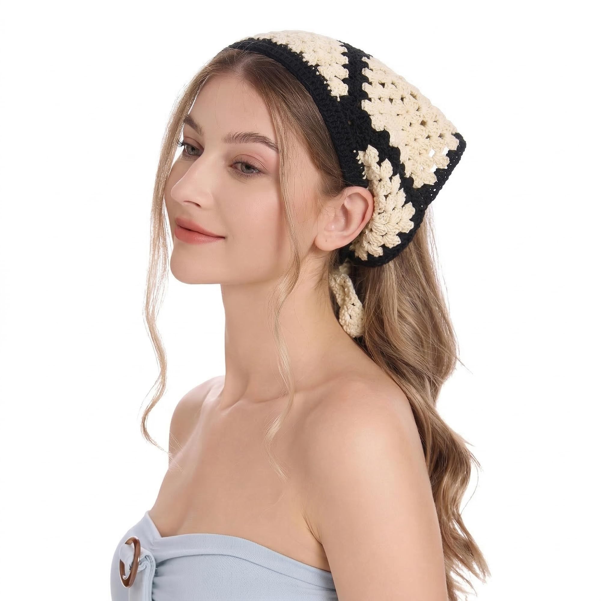 ZLYC Women Cotton Triangle Headband Crochet Hair Bandanas Handmade Kint Turban(Beige)