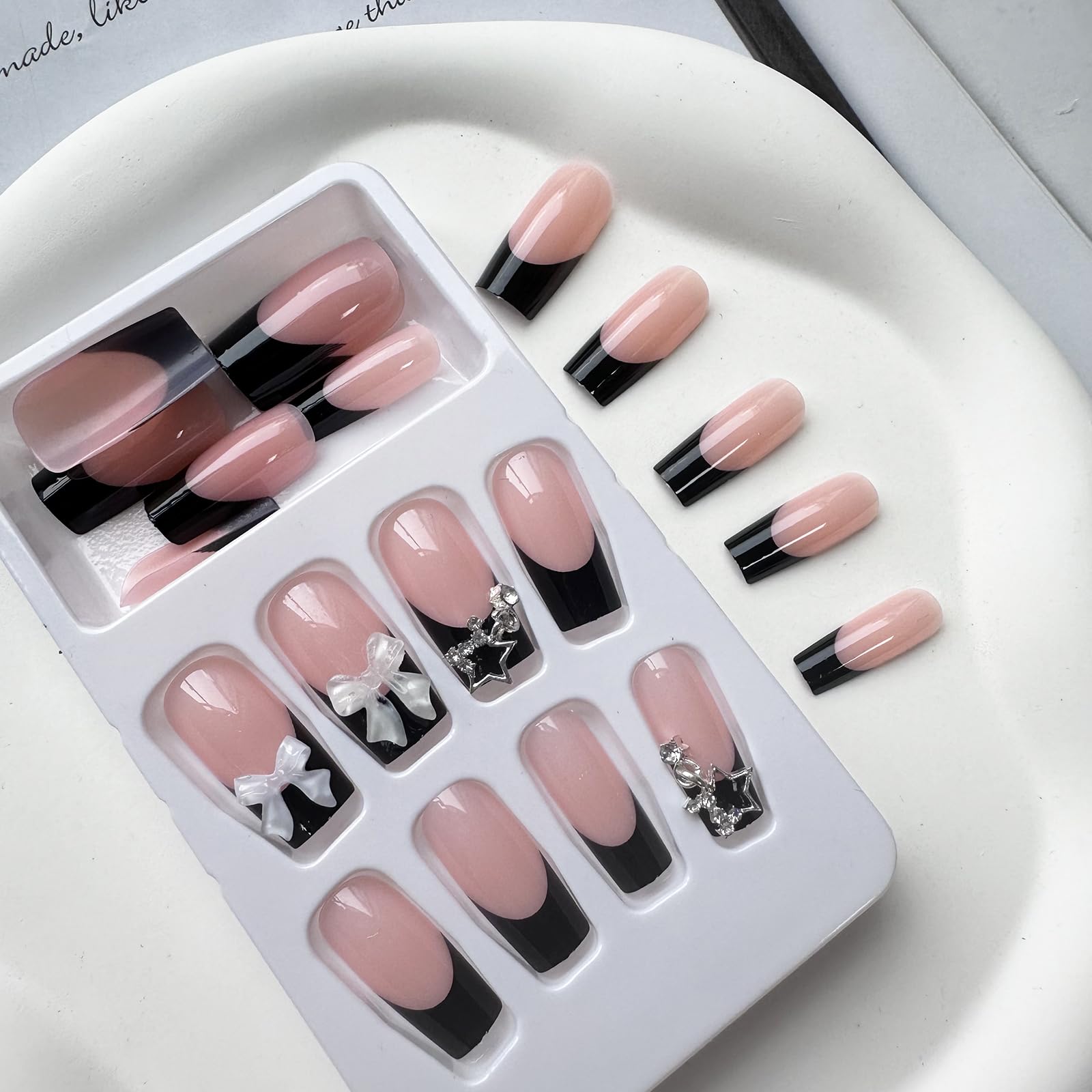 Black French Tip Press on Nails Medium Fake Nails Square Full Cover Glue on Nails Bow-Knot Star Designs Cute False Nails Glossy Stick on Nails for Women Acrylic Manicure Salon 24Pcs - Image 3