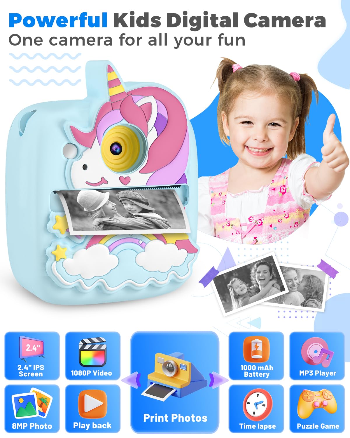 YTETCN Instant Print Camera for Kids 3-12 Years, Kids Camera with 32G SD Card & 300 Photos Paper, 48MP Photo 1080P Video, Christmas Birthday Gifts for Girls Boys Toddler