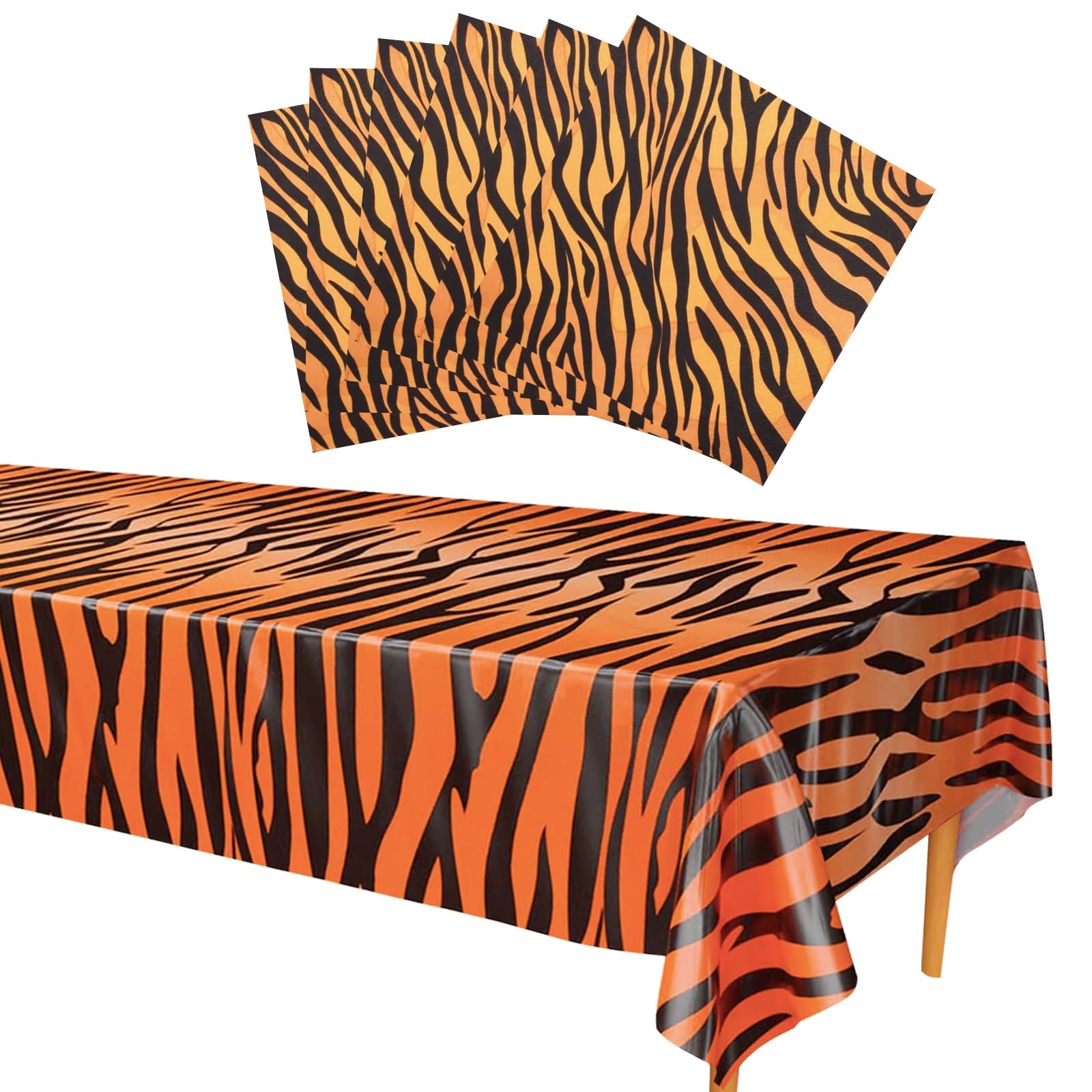 Jungle Safari Animals Party Tablecloth and Napkins Set,21P Tiger Print PartyTableware Set Table Decorations, Plastic PVC Tablecover and Serviettes for Kids Jungle Safari Zoo Animals~Party Supplies
