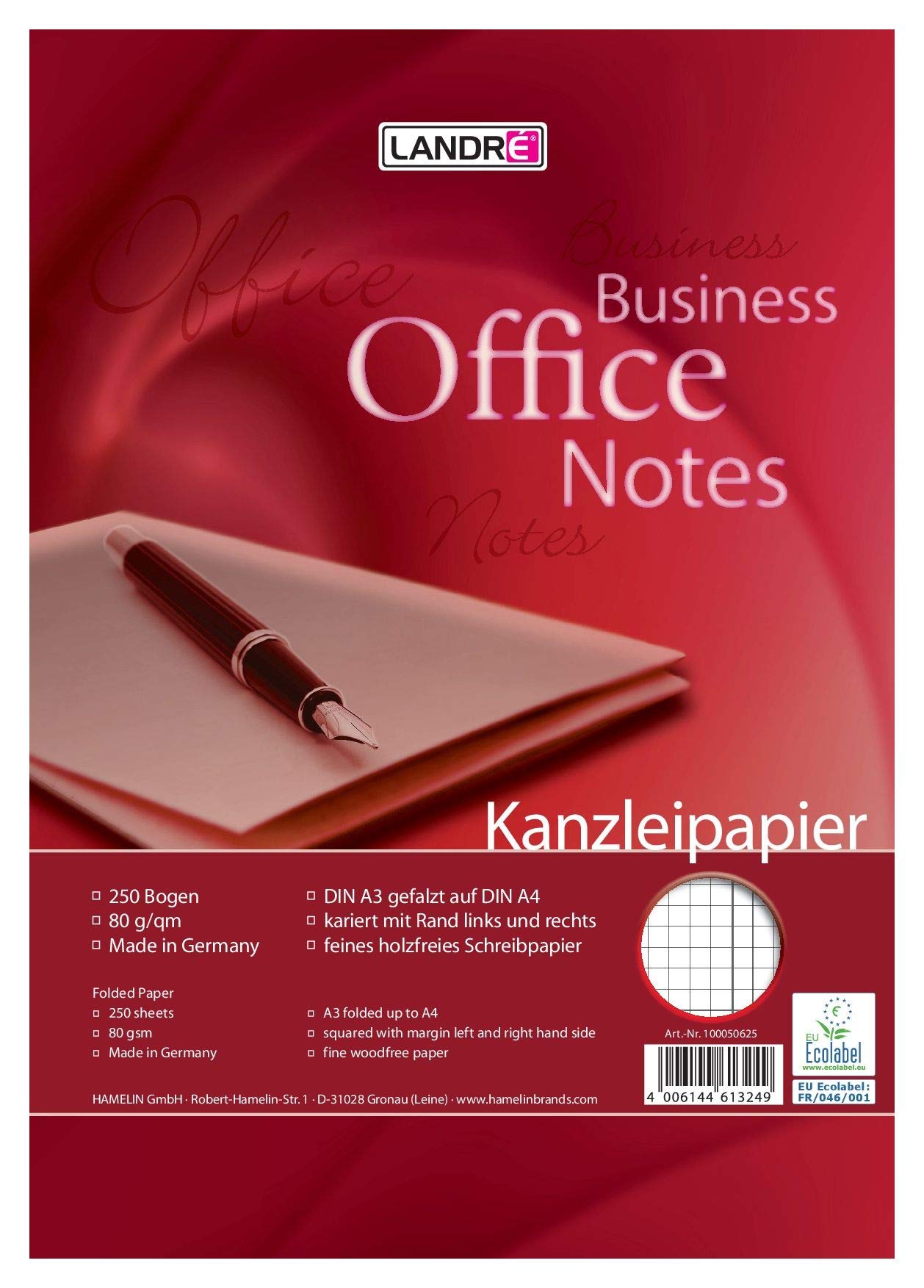 Landre 100050618 Foolscap Paper, DIN A3 Folded to A4, Lined, 80 g/m² Fine, 250 Sheets per Pack Official Paper"Office", DIN A3 Folded to A4, Squared with Left and Right Margin