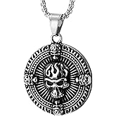 COOLSTEELANDBEYOND Mens Retro Style Blackened Stainless Steel Circle Skulls Pendant Necklace, 30 inch Wheat Chain