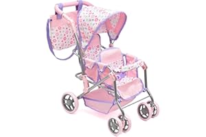 DOLLS TO PLAY Baby Doll Double Stroller, Twin Buggy Carriage Pretend Play for Girls Kids Toddlers 27 Inches High Rotating Wheels Storage Basket Diaper Bag Pink