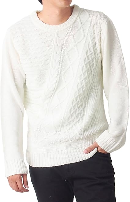 Amazon トップイズム ニット メンズ クルーネック タートルネック バイヤス編み ケーブル編み 無地 セーター 長袖 1 クルーネックオフホワイト L セーター 通販