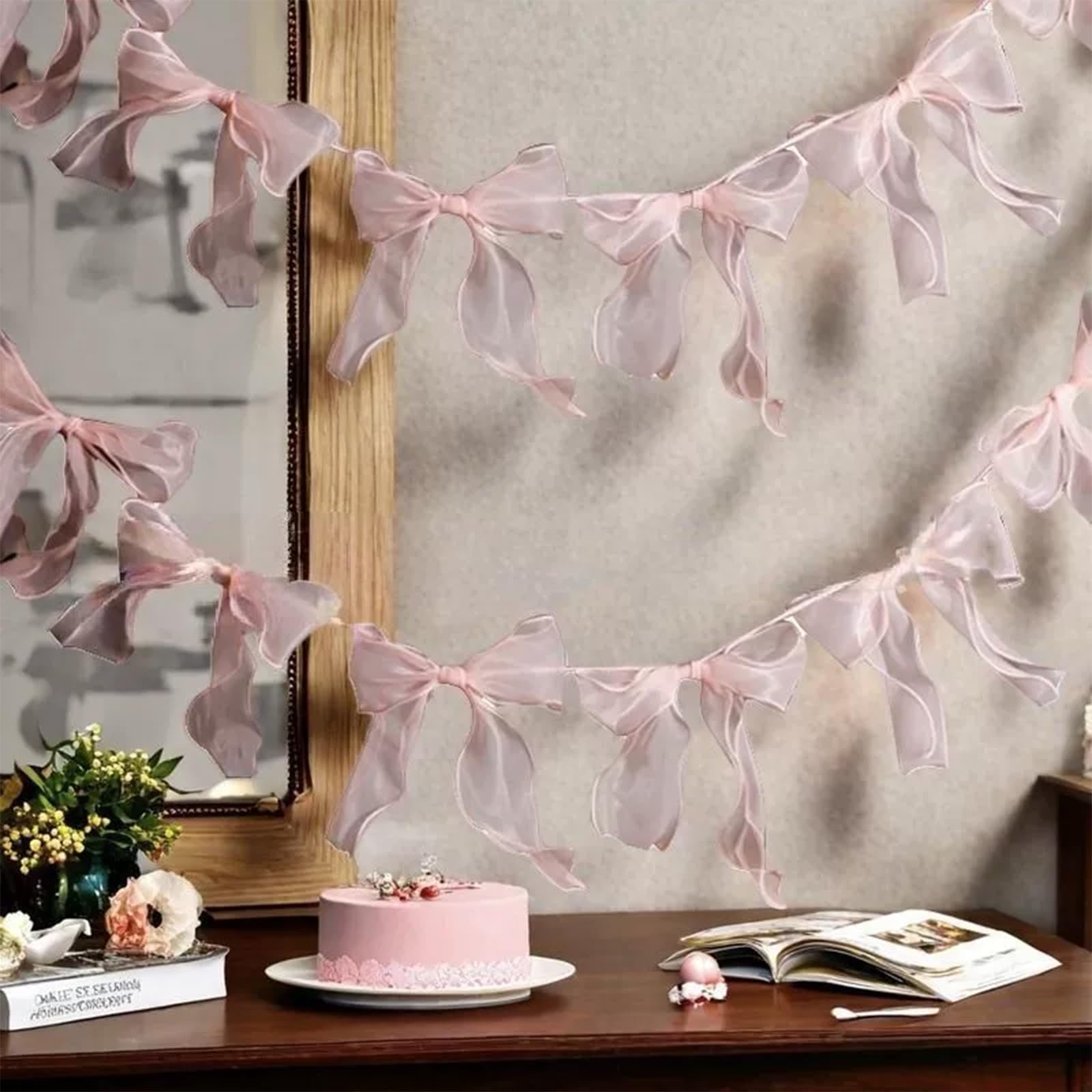 FOSDICK 2 Pcs Pink Bow Banner, 2 m Tulle Bow Garland with 24 Bows, Pink Tulle Bowknot Banner, Bows Garland for Wedding Bachelorette Birthday Baby Shower Party Decorations Indoor Outdoor Garden Decor