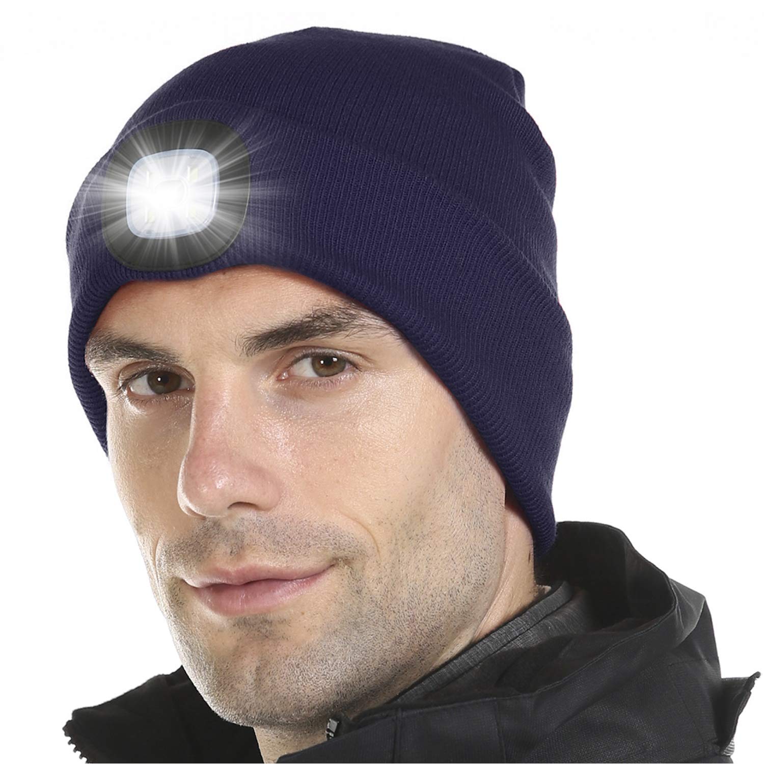 Attikee LED Lighted Beanie Cap for Adults, USB Rechargeable 4 LED Headlamp Hat, Unisex Winter Knit Hat Torch for Running Cycling Camping, Christmas Tech Gifts for Men Dad Women Teens