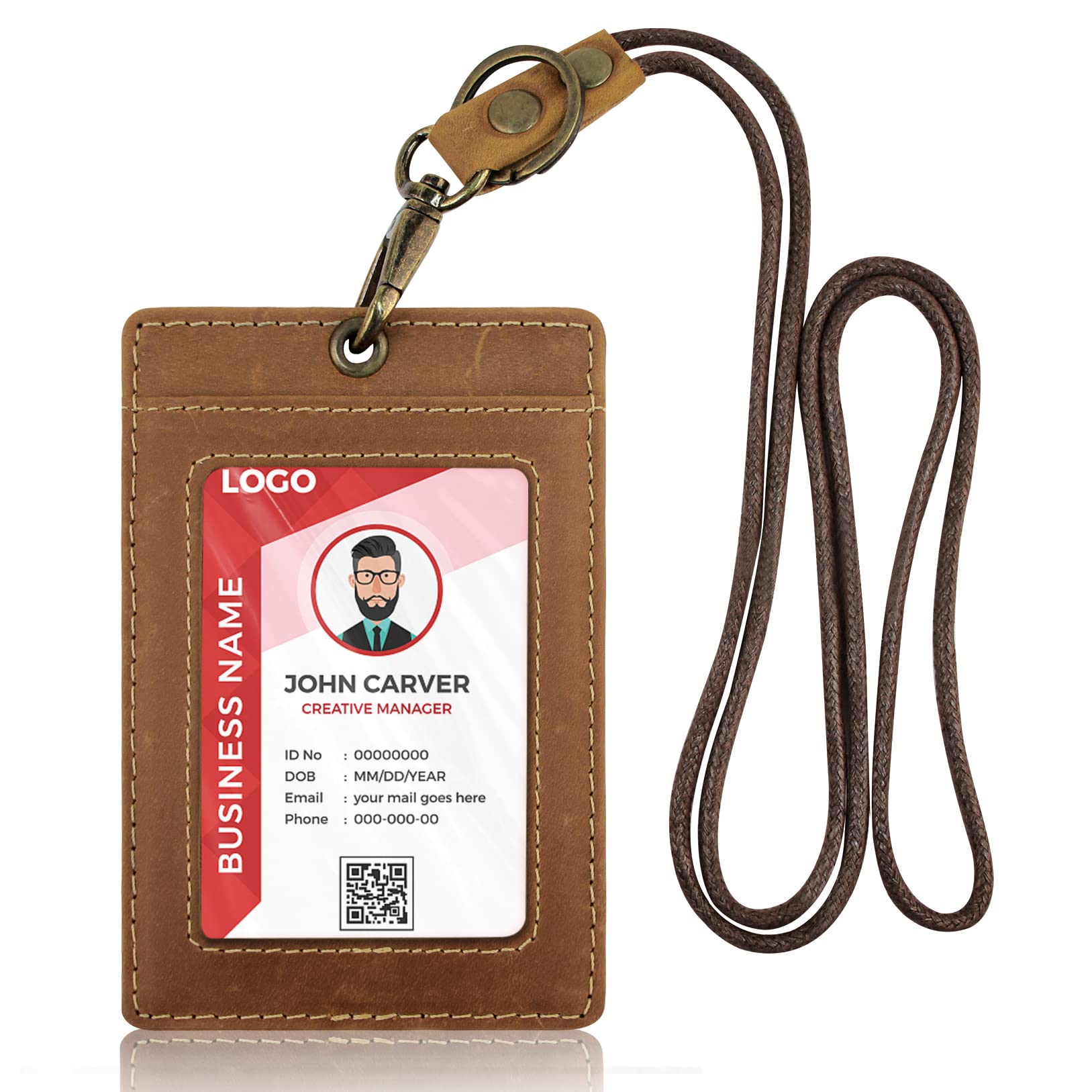 Leather ID Card Badge Holder: Boshiho Genuine Leather Office Lanyard Card Holder with Neck Lanyard Strap 1 ID Clear Window Vertical Style