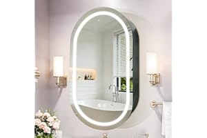 Seenvlog Grey Oval LED Anti-Fog Medicine Cabinet 20" x 36", 3-Color Dimmable with Memory Function, Power Outlets, Surface Mou