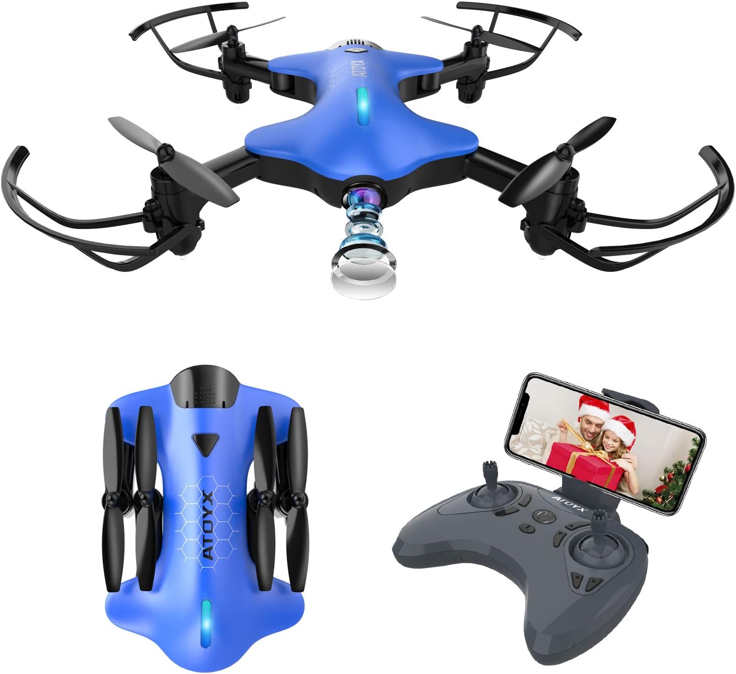 ATOYX AT-146 WiFi FPV 720P HD Camera Drone, FPV real-time video collapsible portable aircraft toy with gravity control, image tracking, custom flight path ect，Suitable for beginners and children，Blue