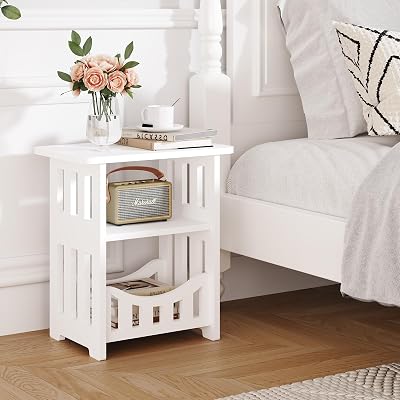 Dripex 3-Tier Side End Table with Storage Shelf White Narrow Nightstand 24 x 36