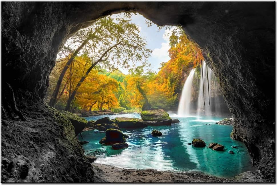Nachic Wall Modern Canvas Wall Art Autumn Yellow Orange Trees Forest Picture Prints Glimpse into Blue Stream Waterfall Out of Cave Painting Wall Decor for Living Room Bedroom Framed Ready to Hang