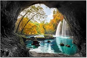Nachic Wall Modern Canvas Wall Art Autumn Yellow Orange Trees Forest Picture Prints Glimpse into Blue Stream Waterfall Out of Cave Painting Wall Decor for Living Room Bedroom Framed Ready to Hang