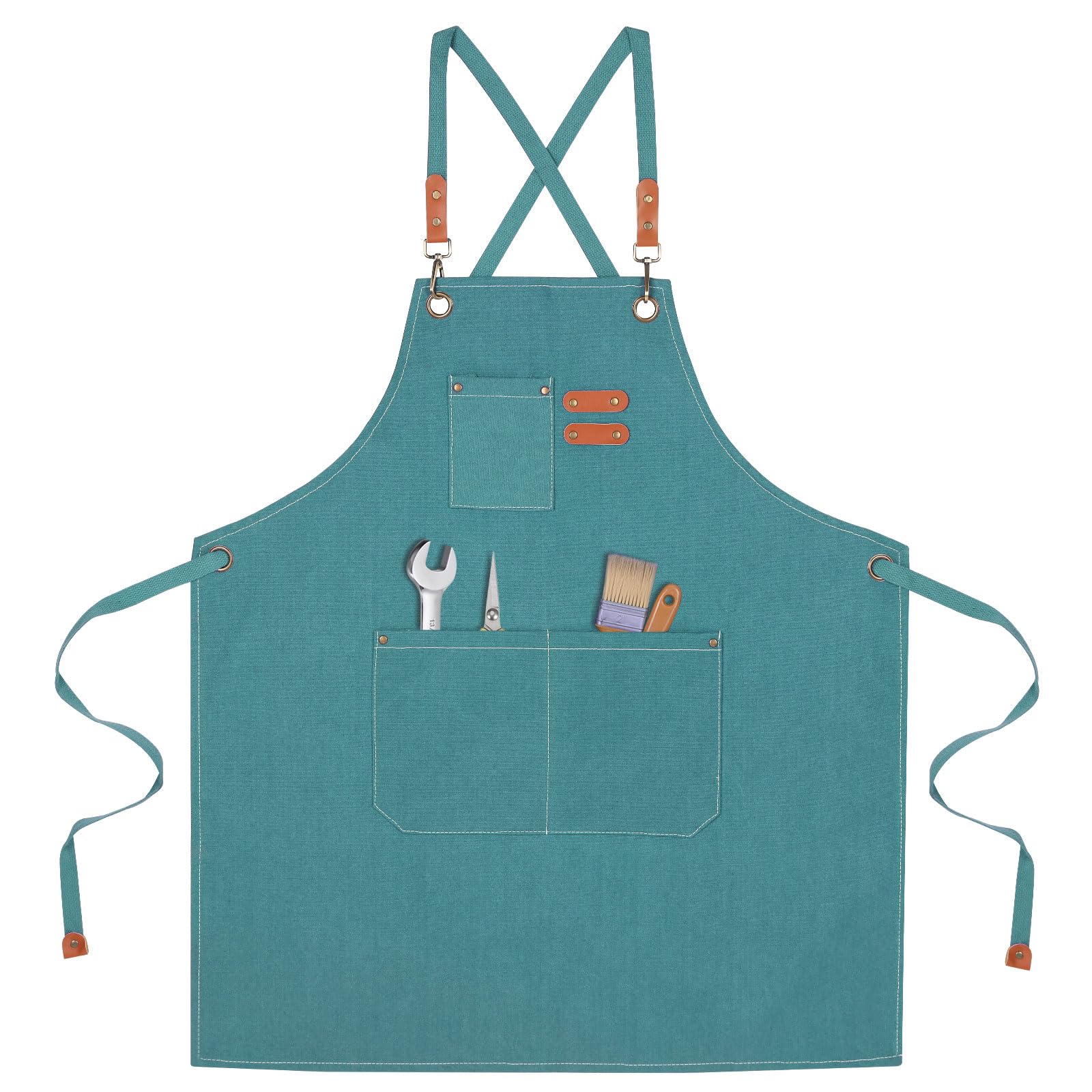 Uxcell Chef Apron for Men and Women with Large Pockets, Cotton Canvas Cross Back Aprons for Kitchen Cooking Art Painting, Fits for Size M to XXL, Turquoise