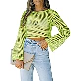 Womens Fishnet Crochet Crop Top Sexy Long Sleeve See Through Hollow Out Mesh Bikini Cover Ups
