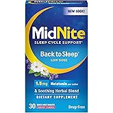 MidNite Back to Sleep 1.5 mg Low Dose Melatonin Sleep Aid, 30 Tablets | Herbal sleep aid supplement for adults, drug-free, gluten-free, lactose-free, vegetarian, vegan, quick melt tablets
