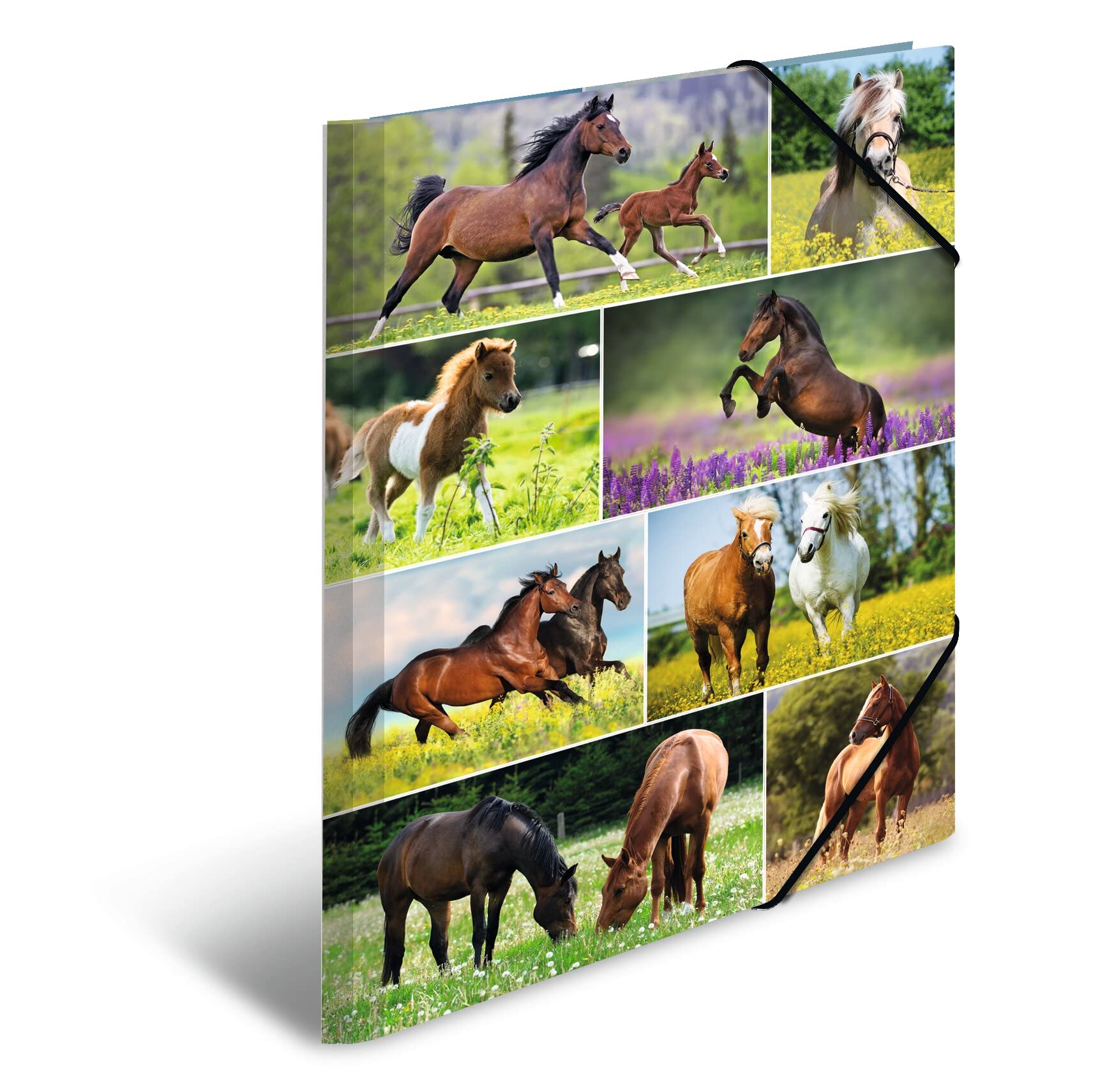 HERMA 19452 Portfolio Folder A3 Animal Worlds Horse Meadow, Children's Corner Folder Made of Cardboard with Inner Print and Elastic Band, Sturdy Cardboard Folder, for Boys and Girls